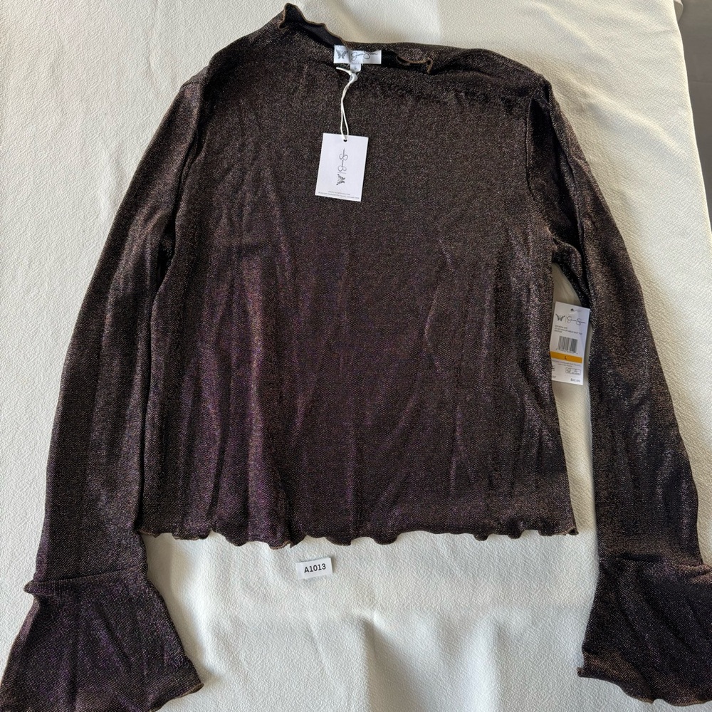 Jessica Simpson Brown and gold Ruffled Bell Sleeve Blouse